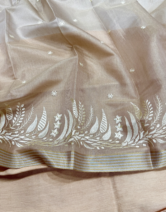 Taupe Linen Tissue Unstitched Suit with Floral Embroidery