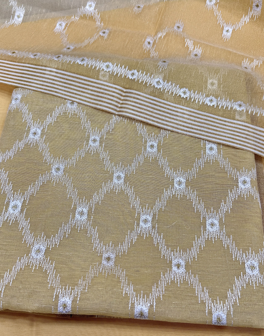 Mustard Linen Tissue Unstitched Suit with Ikat-Inspired Embroidery