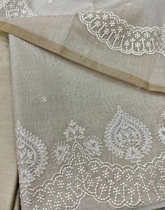 Off White Linen Tissue Unstitched Suit with Thread Embroidery