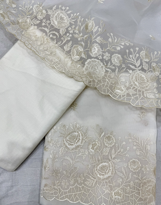Off White Organza Unstitched Suit with Self Floral Embroidery