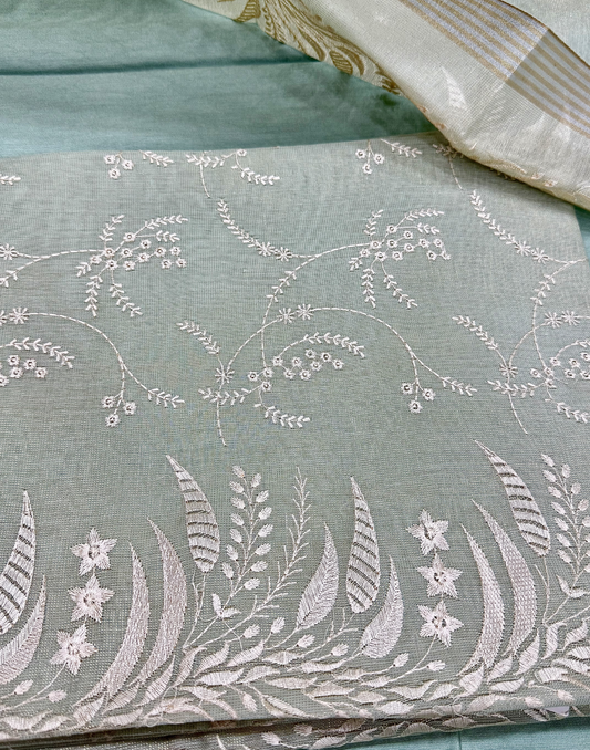 Mint Green Linen Tissue Unstitched Suit with Embroidery