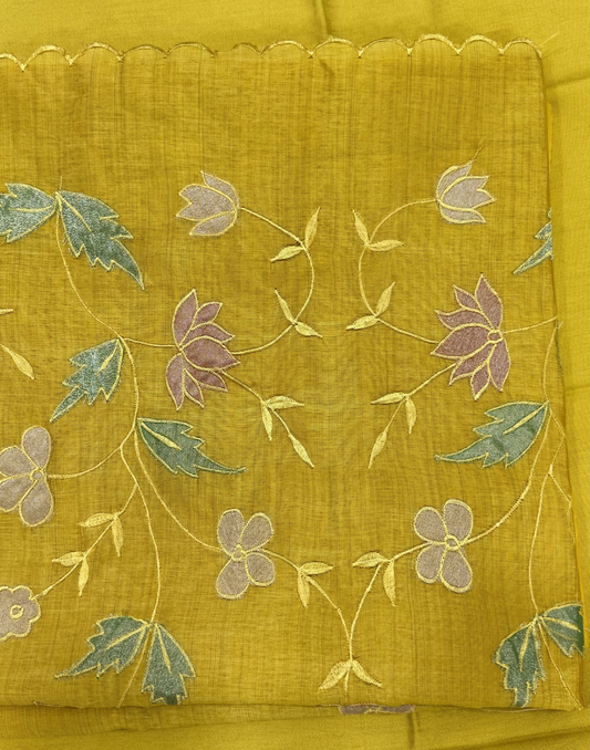 Mustard Yellow Tussar Unstitched Suit with Appliqué Embroidery