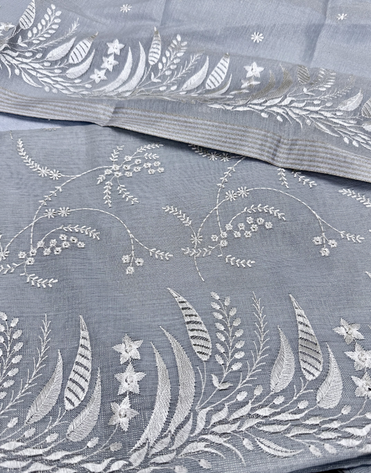 Grey Linen Tissue Unstitched Suit with Floral Embroidery