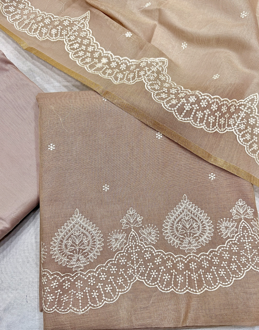 Beige Linen Tissue Unstitched Suit with Thread Embroidery
