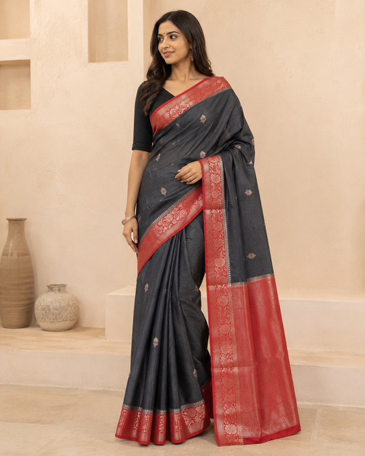 Chiniya Katan Saree with Contrast Pallu & Blouse