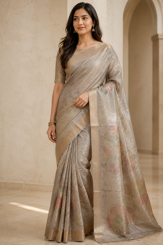Semi Tusshar Saree with Weaving & Hand Brush Design
