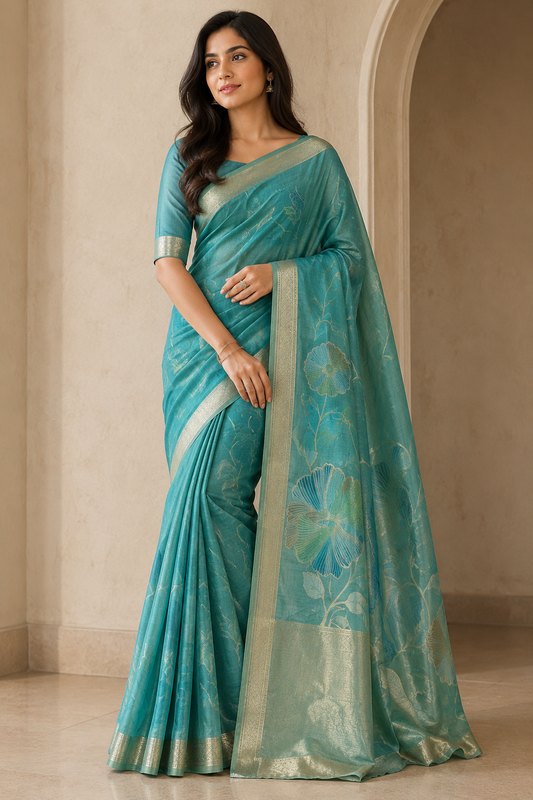 Semi Tusshar Saree with Weaving & Hand Brush Design