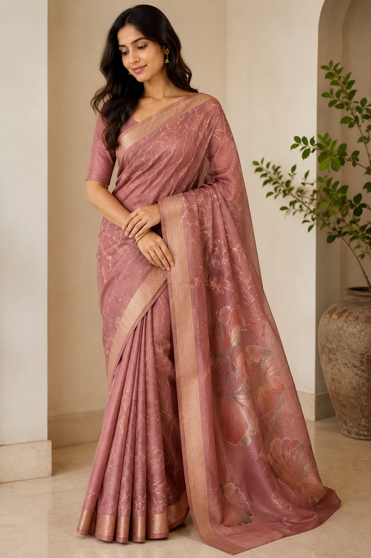 Semi Tusshar Saree with Weaving & Hand Brush Design