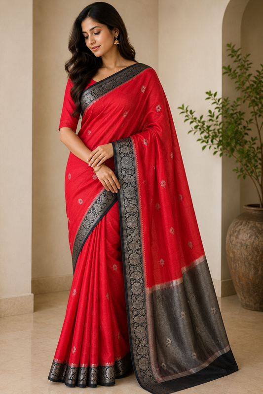 Chiniya Katan Saree with Contrast Pallu & Blouse