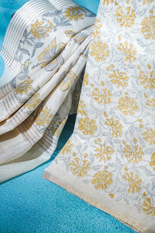 ivory Linen tissue with block print