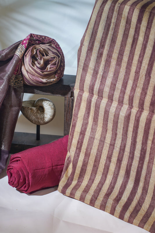Brown Mul Cotton–Mul Chanderi Suit Set with Beige Striped Pattern