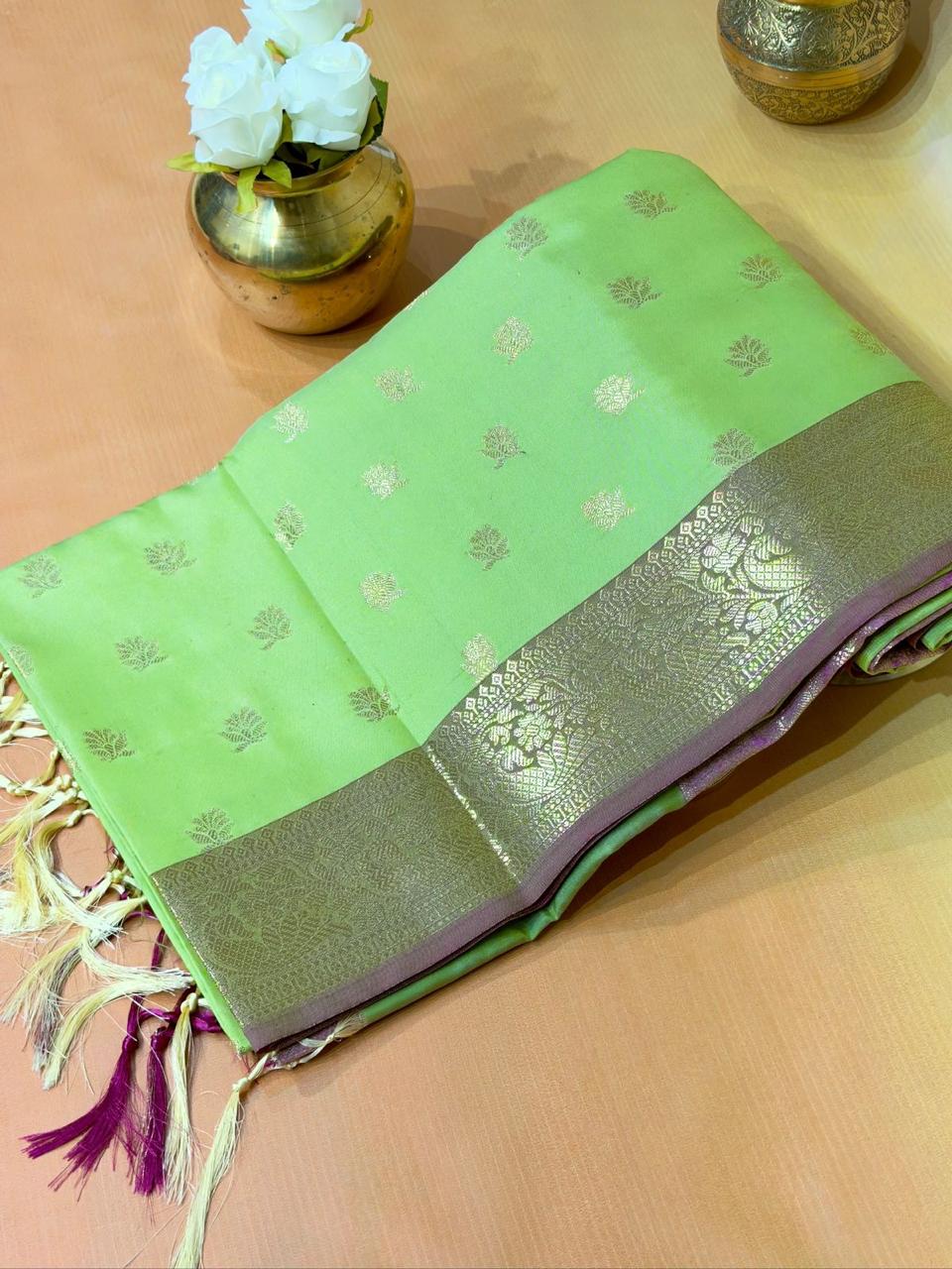 Katan Silk Saree with Contrast Border & Zari Buti Weaves