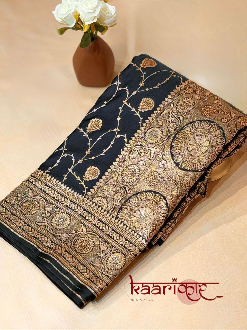 Premium Banarasi Katan Silk Saree with Heavy Zari & Swarovski Work