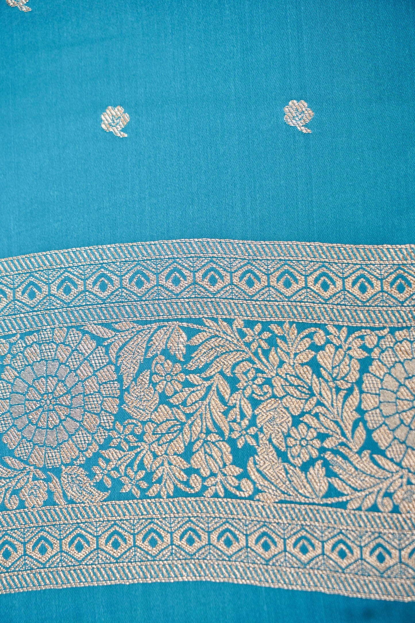 Steel Blue Mashroo Silk Saree with Zari Buti and Ornate Border