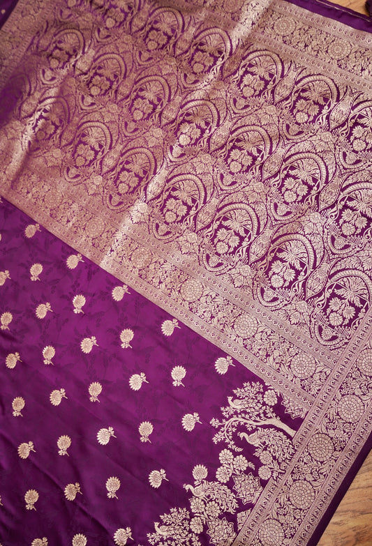 Wine Purple Mashroo Silk Saree with Floral Zari Weaving
