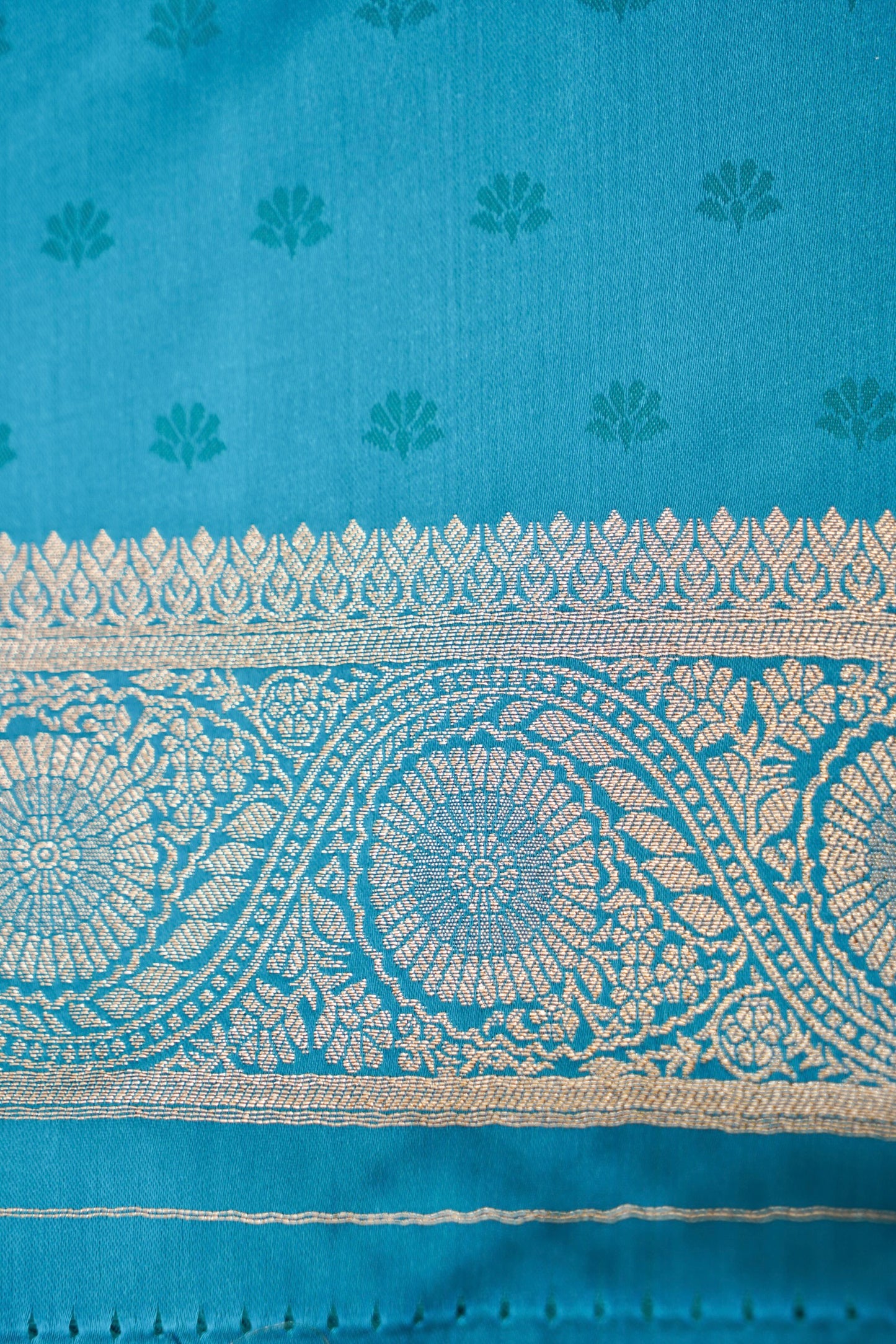 Sky Blue Mashroo Silk Saree with Zari Buti and Ornate Border