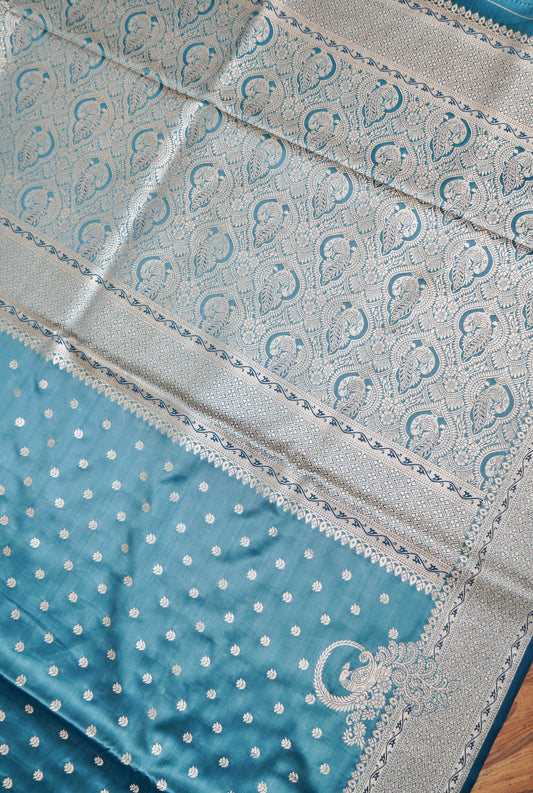 Teal Blue Mashroo Silk Saree with Zari Buti and Ornate Border