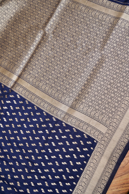 Navy Blue Katan Silk Fancy Saree with Zari Buti and Ornate Border