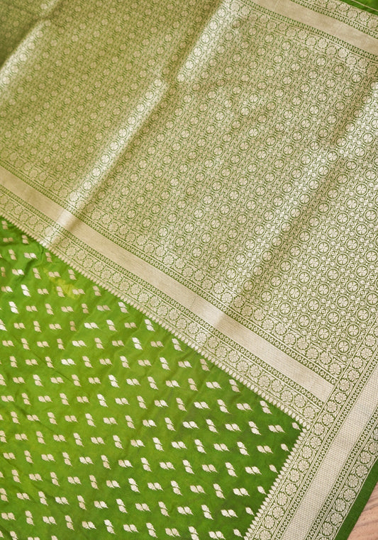 Lime Green Katan Silk Fancy Saree with Zari Buti and Ornate Border