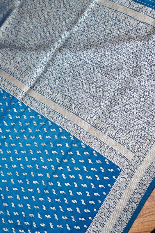 Steel Blue Katan Silk Fancy Saree with Zari Buti and Ornate Border