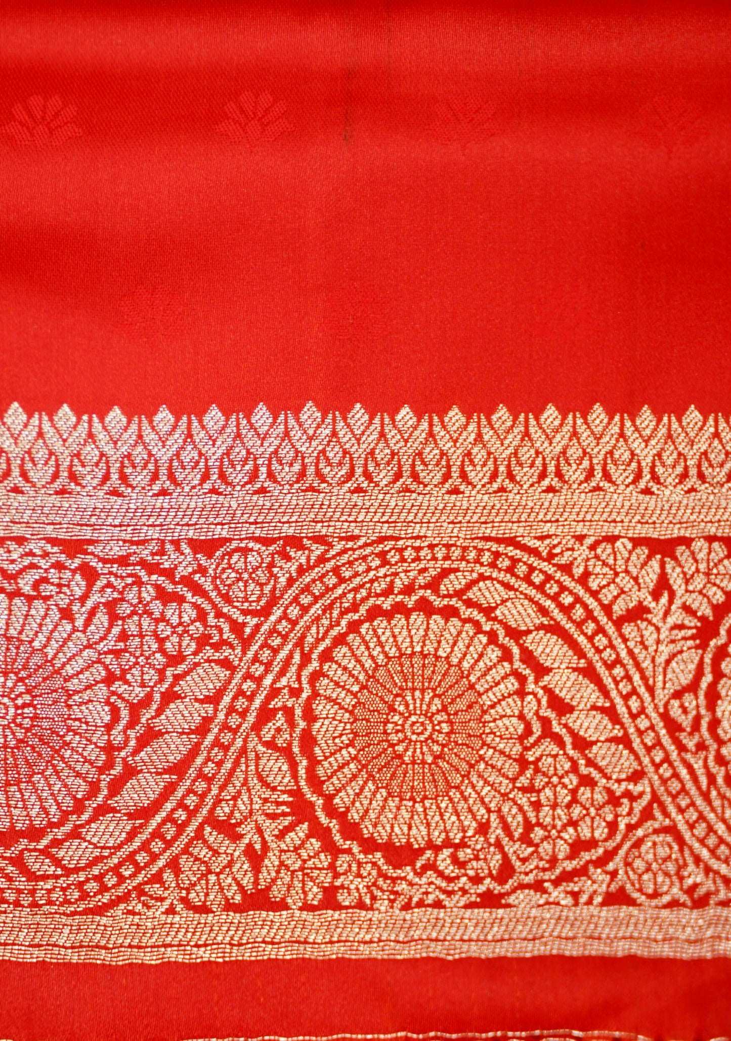 Bright Red Mashroo Silk Saree with Zari Buti and Ornate Border