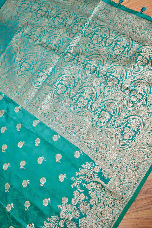 Emerald Green Mashroo Silk Saree with Zari Buti and Ornate Border