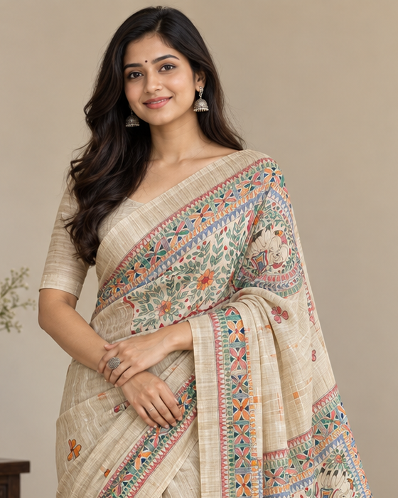Pure Linen Madhubani Print Saree