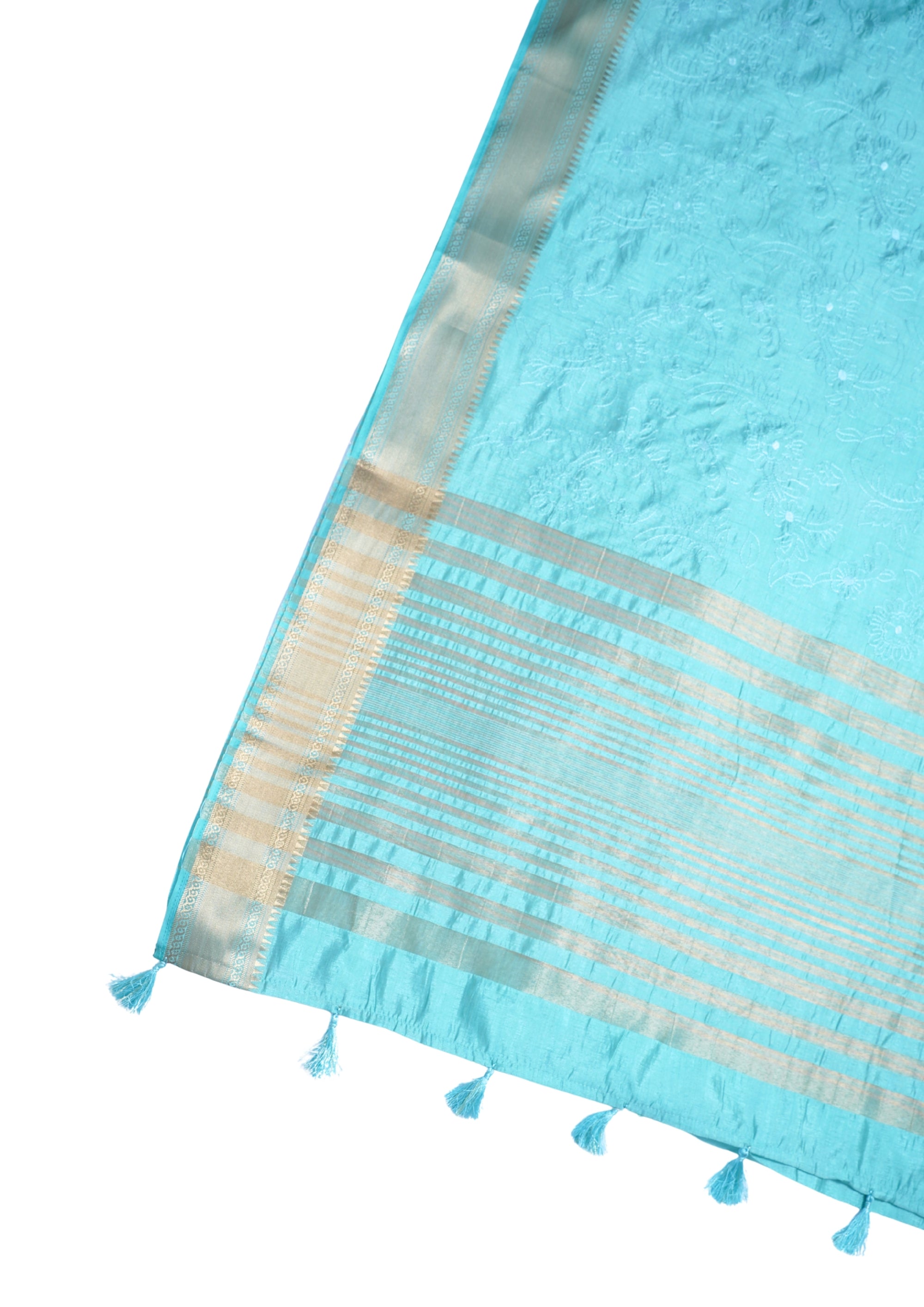 Teal Raw Tussar Fabric with Floral Jaal Embroidery