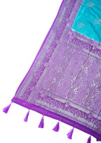 Blue Banarasi Georgette Saree with Purple Contrast Border