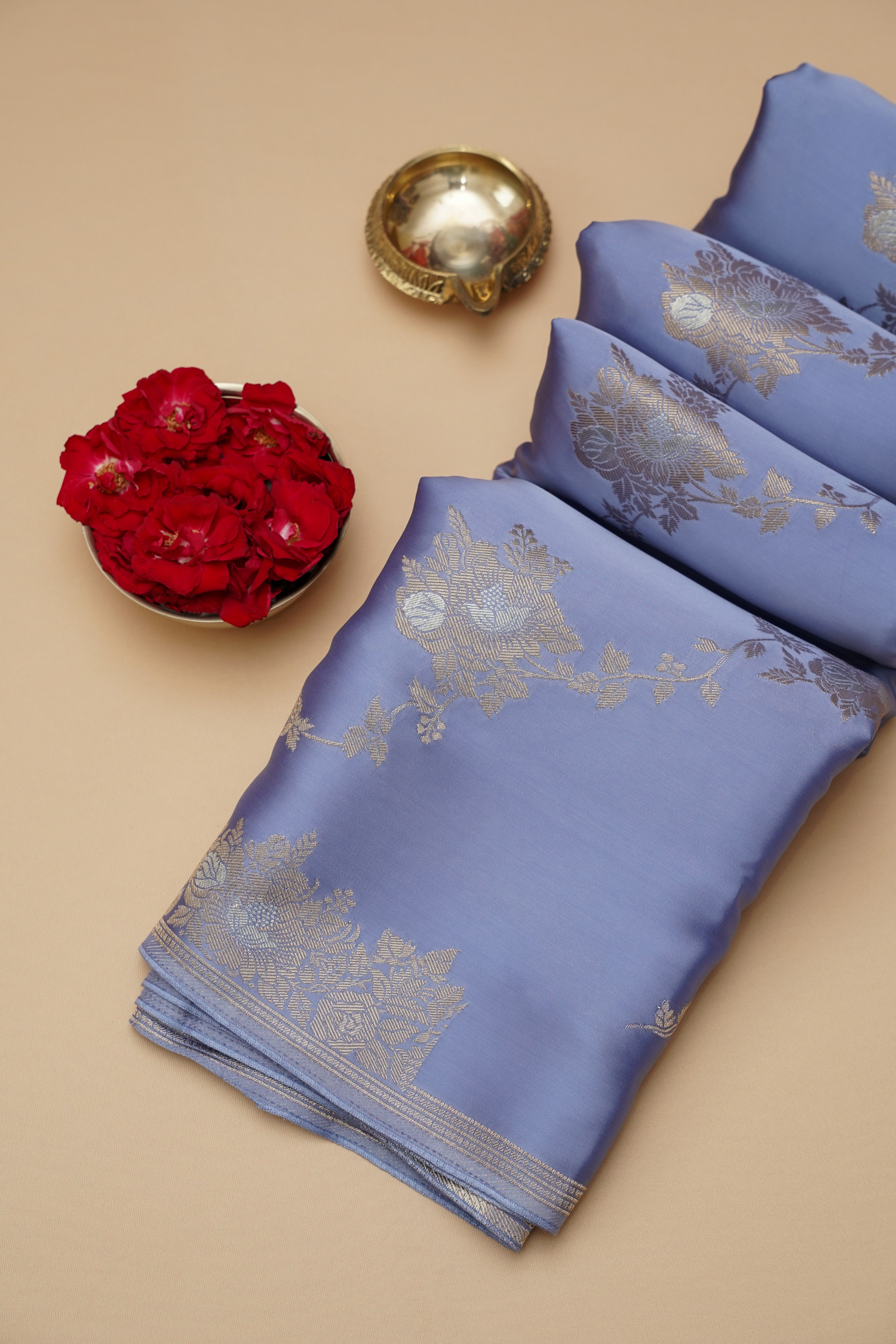 Periwinkle Blue Organza Satin Saree with Woven Floral Design