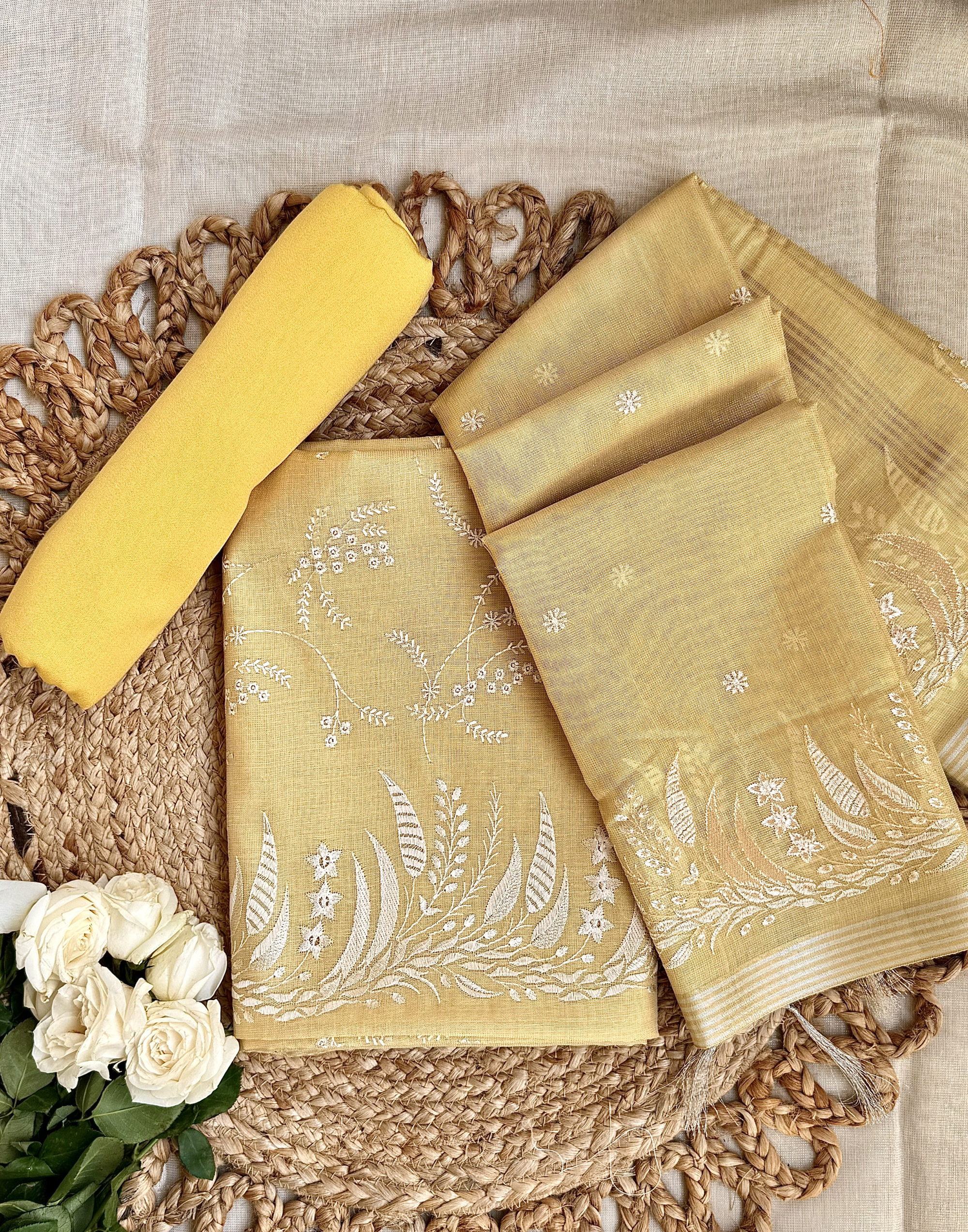 Mustard Linen Tissue Unstitched Suit with Floral Embroidery