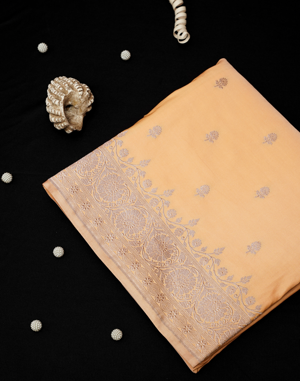 Pastel Peach Banarasi Mushroo Silk Saree with Floral Weaving & Zari Border