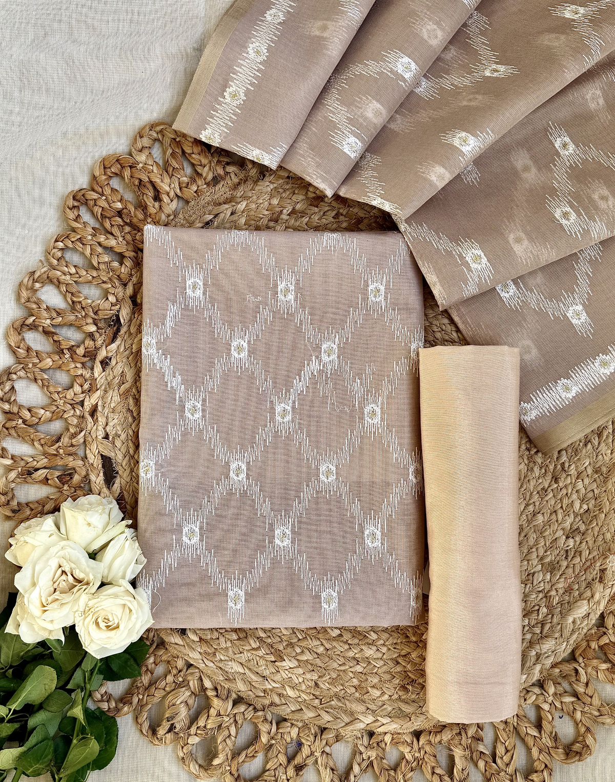 Beige Linen Tissue Unstitched Suit with Ikat-Inspired Embroidery