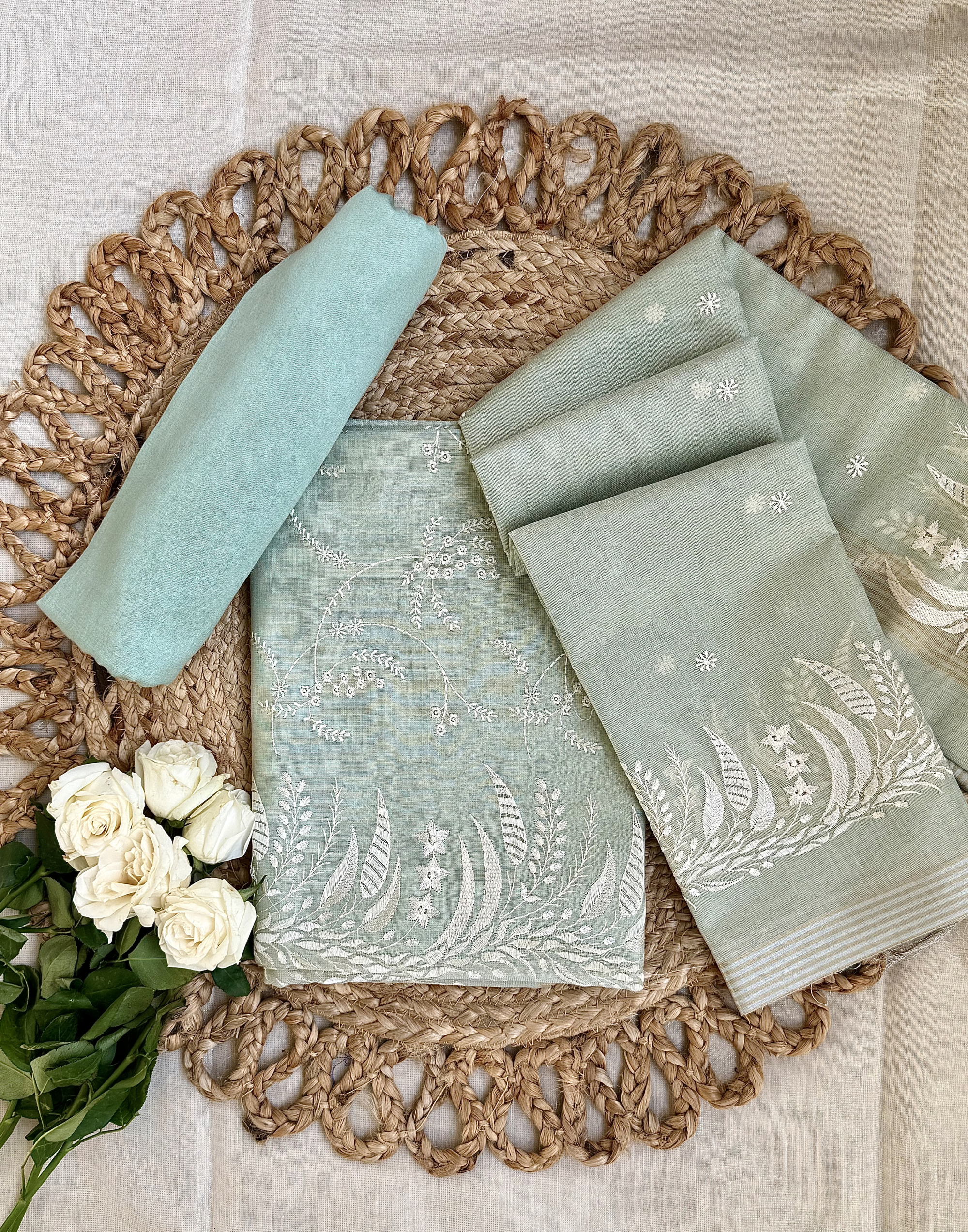 Mint Green Linen Tissue Unstitched Suit with Embroidery