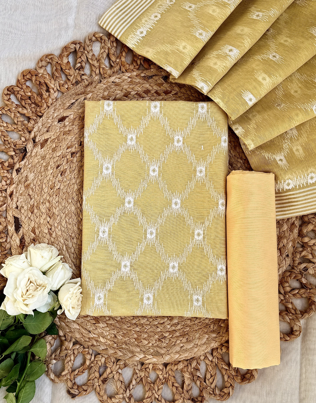 Mustard Linen Tissue Unstitched Suit with Ikat-Inspired Embroidery