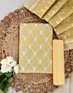 Mustard Linen Tissue Unstitched Suit with Ikat-Inspired Embroidery
