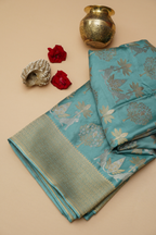 Teal Blue Viscose Satin Saree with Dual Weaving