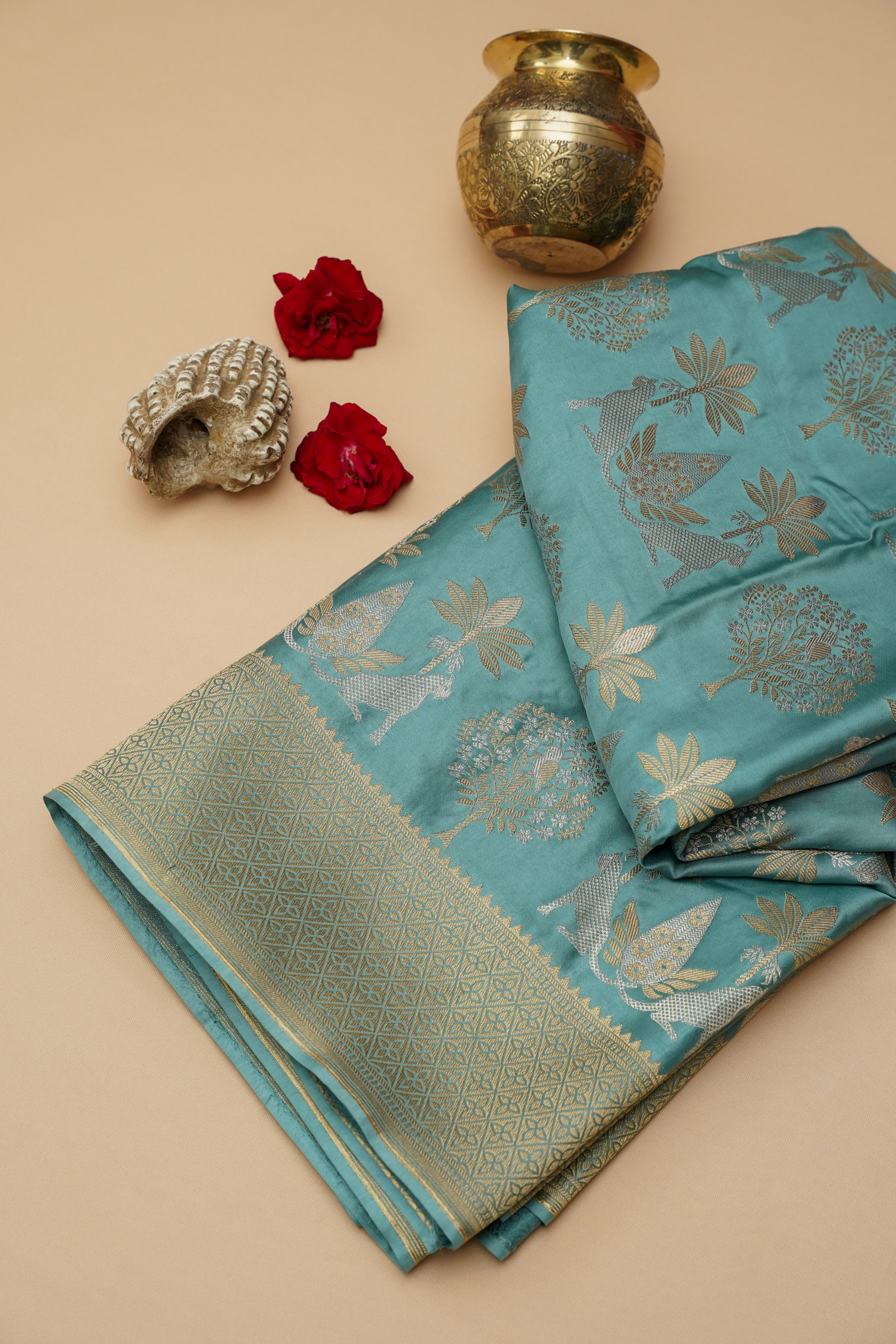 Teal Blue Viscose Satin Saree with Dual Weaving
