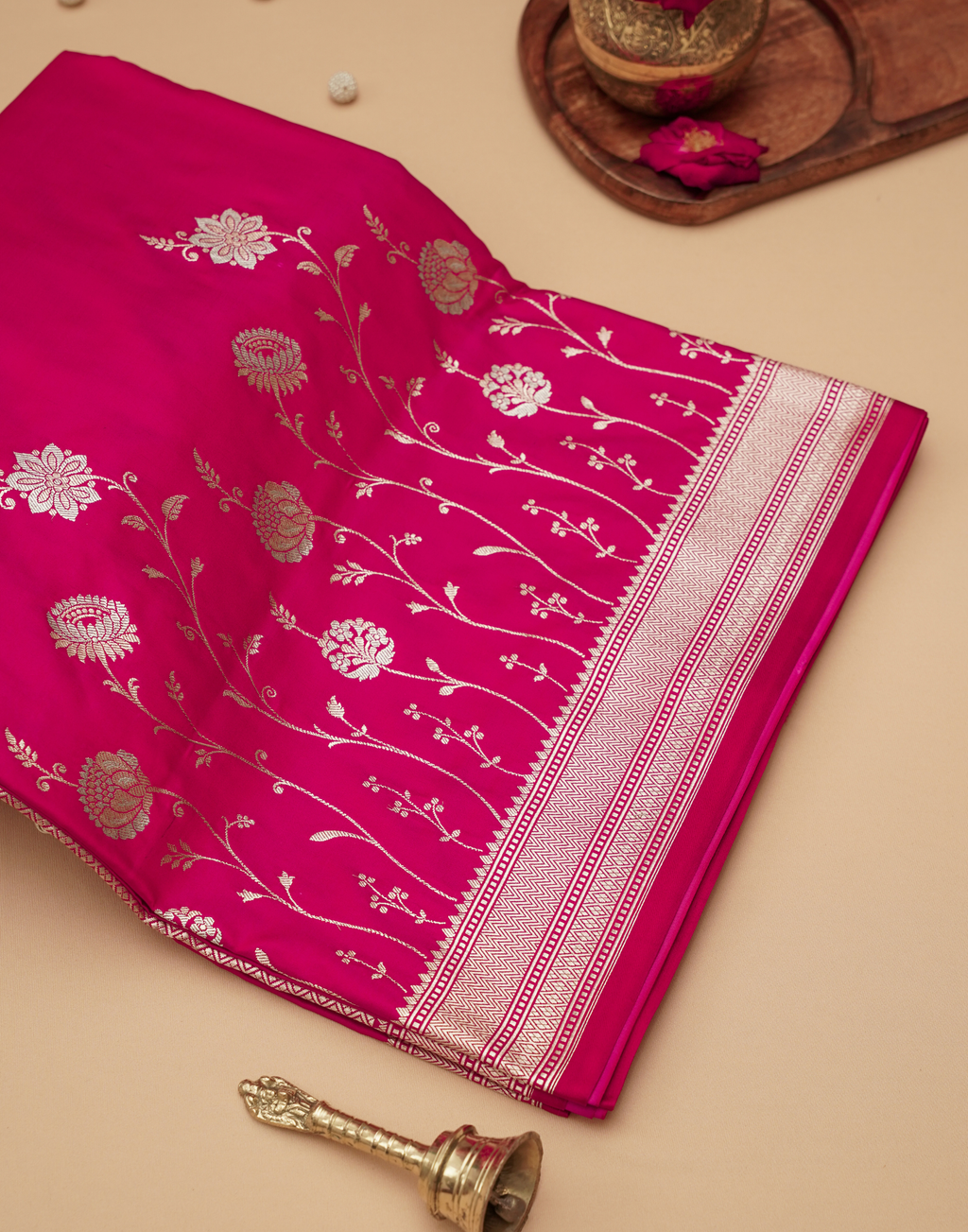Rani Pink Banarasi Mushroo Silk Saree with Zari Border