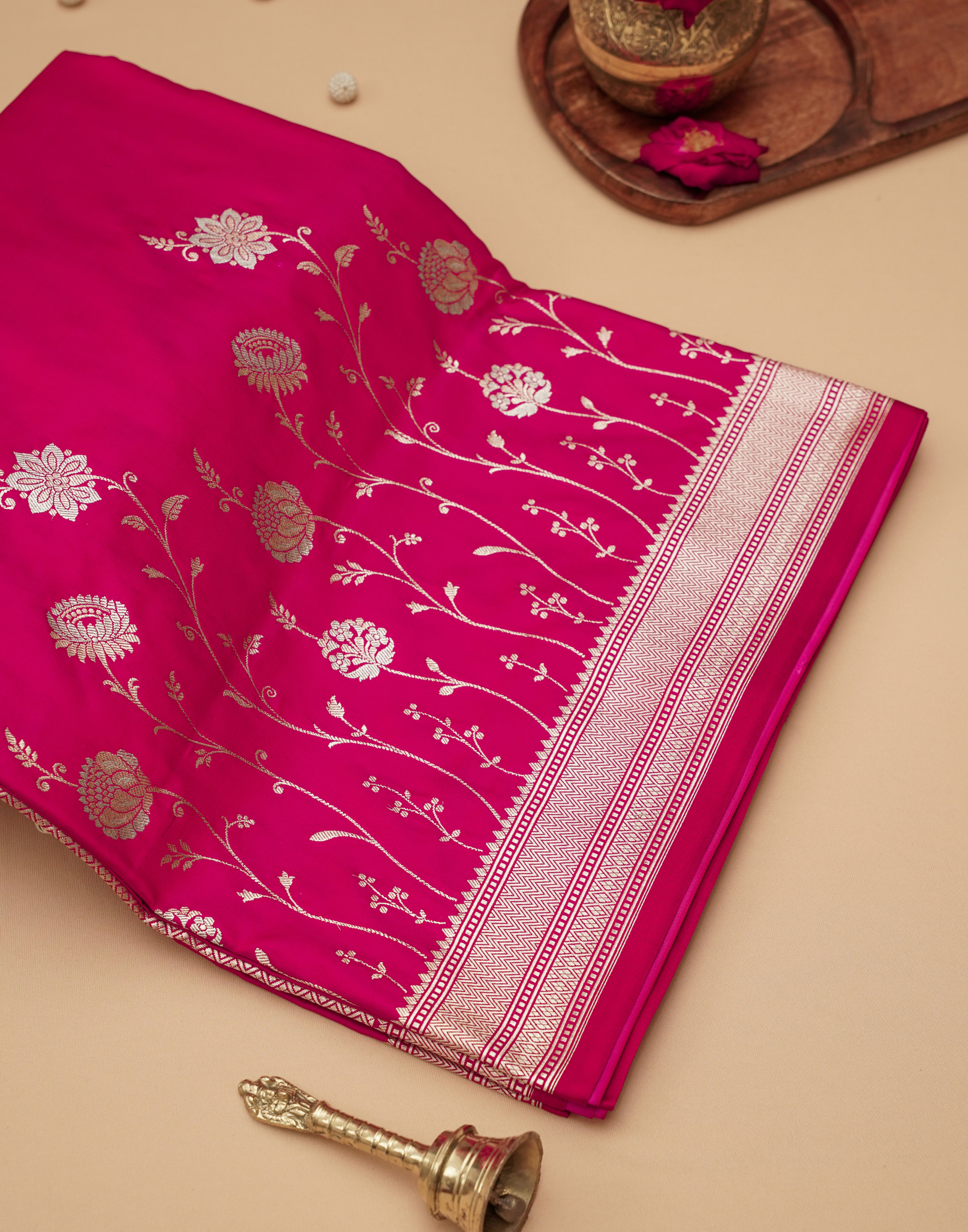 Rani Pink Banarasi Mushroo Silk Saree with Zari Border