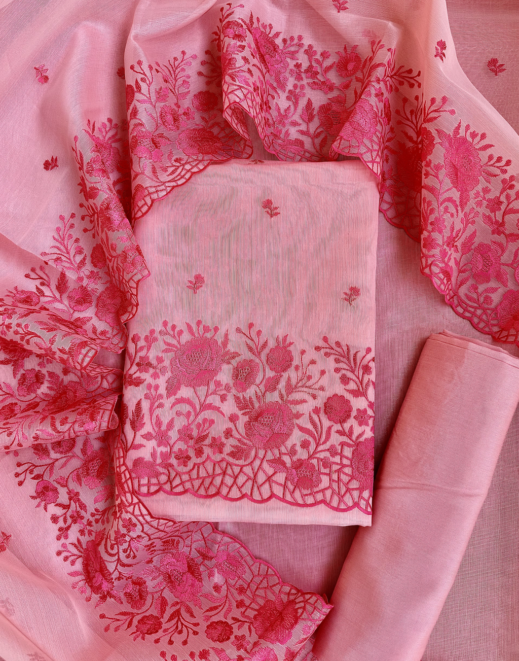 Blush Pink Organza Unstitched Suit with Dual Tone Floral Embroidery