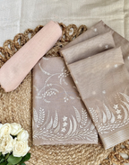 Taupe Linen Tissue Unstitched Suit with Floral Embroidery