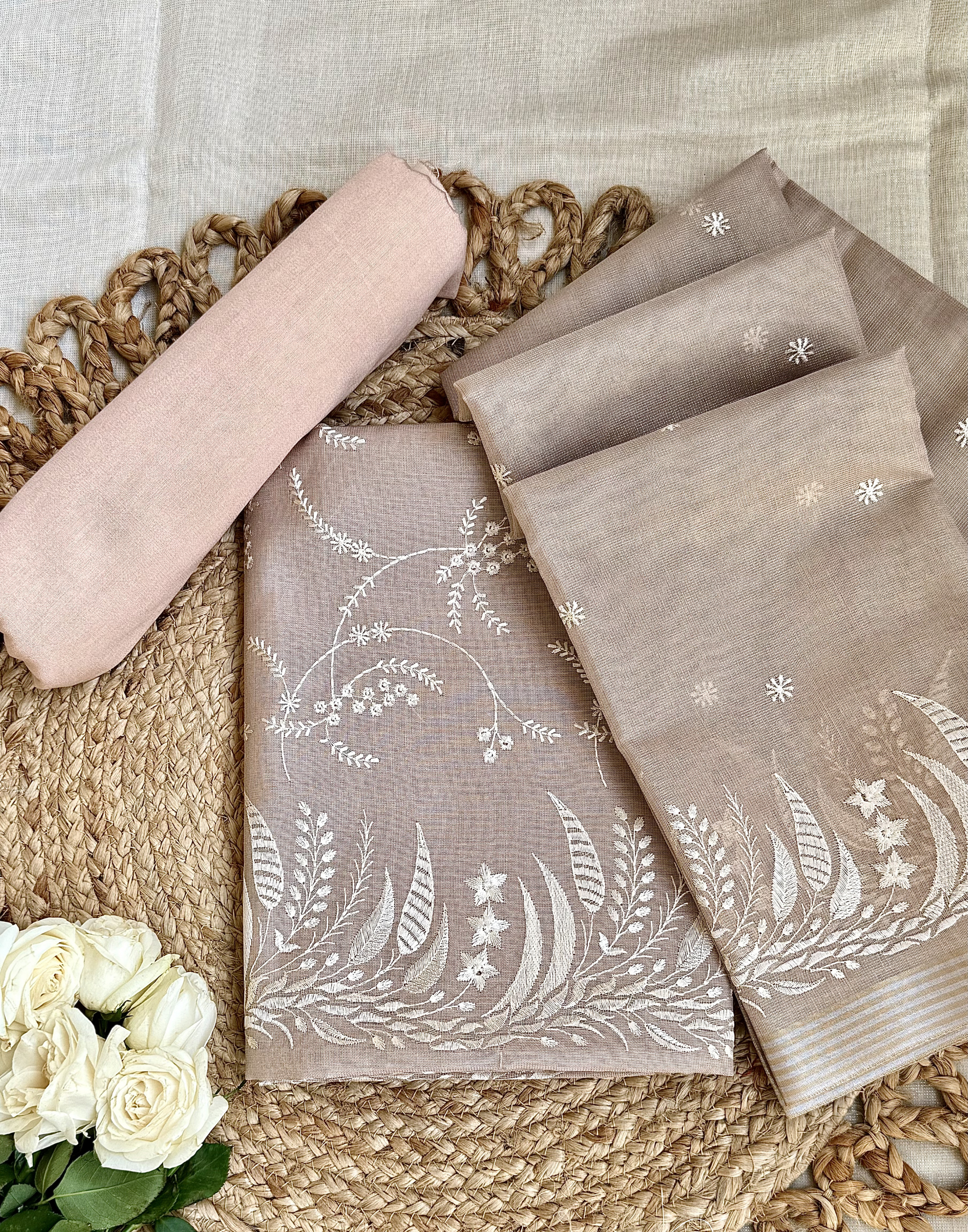 Taupe Linen Tissue Unstitched Suit with Floral Embroidery