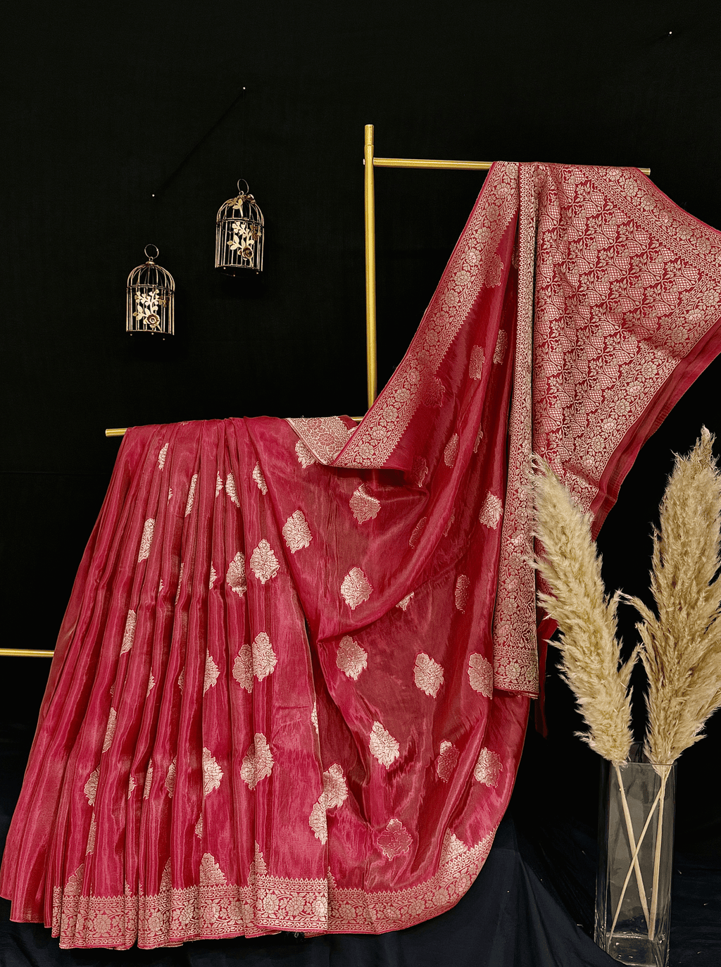 Rose Red Georgette Tissue Silk Saree