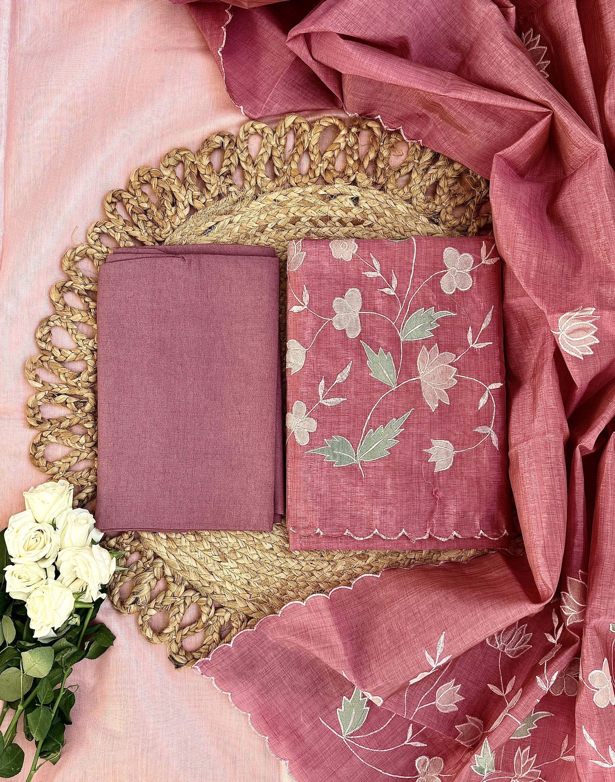 Rose Pink Tussar Unstitched Suit with Appliqué Embroidery