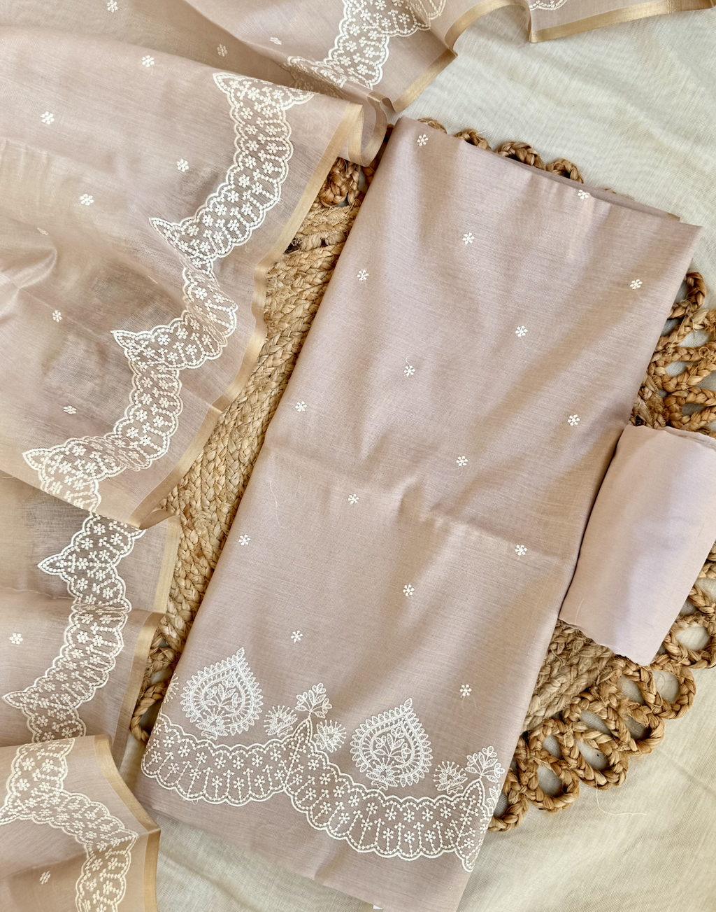 Beige Linen Tissue Unstitched Suit with Thread Embroidery