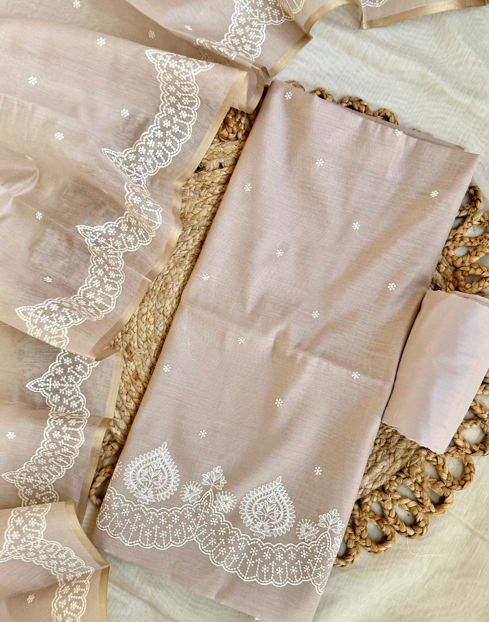 Beige Linen Tissue Unstitched Suit with Thread Embroidery