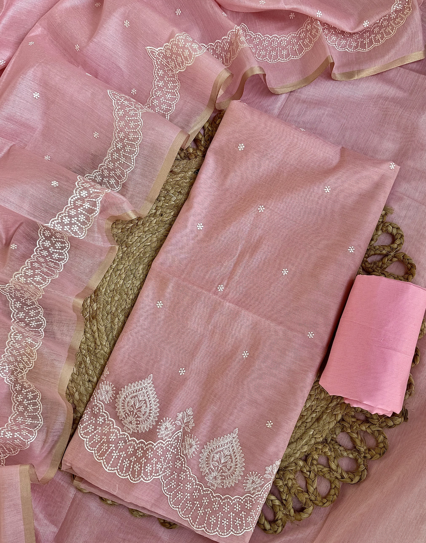 Dusty Rose Linen Tissue Unstitched Suit with Thread Embroidery