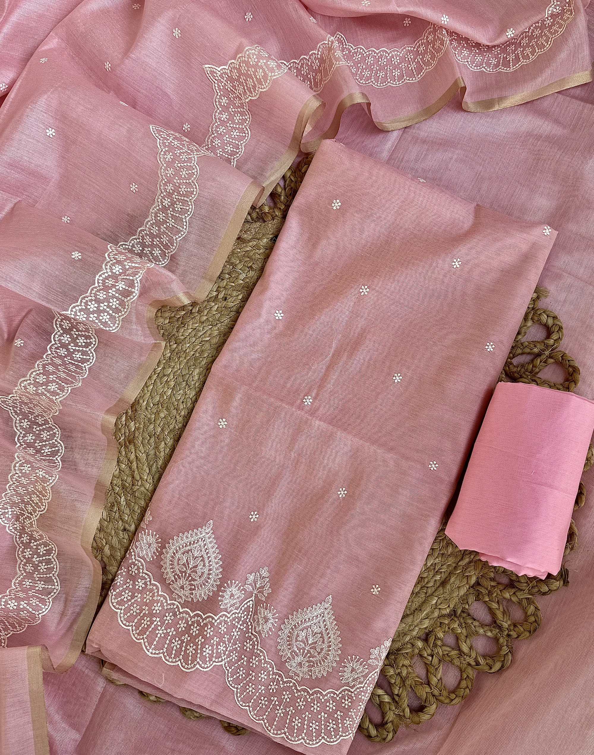 Dusty Rose Linen Tissue Unstitched Suit with Thread Embroidery