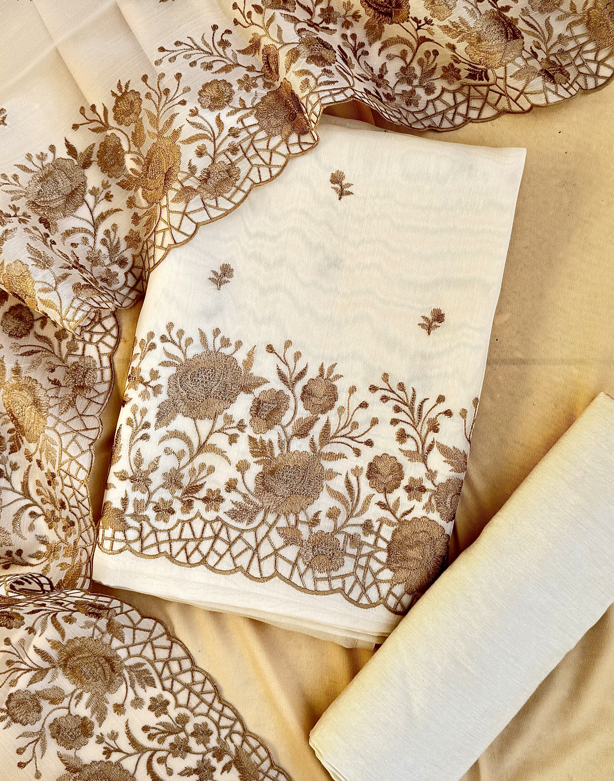 Ivory Cream Organza Unstitched Suit with Antique Gold Floral Embroidery